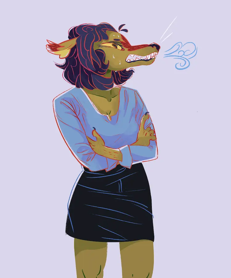 A painting of Sheyote sweating, sighing, and crossing her arms.