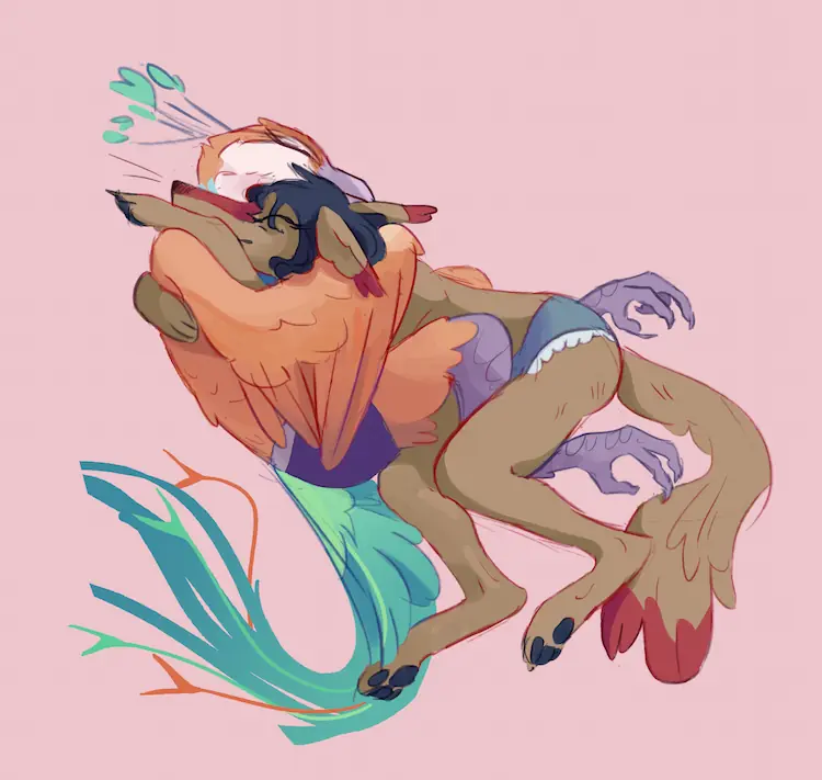 A painting of Sheyote and Peahen embracing, in their undies.