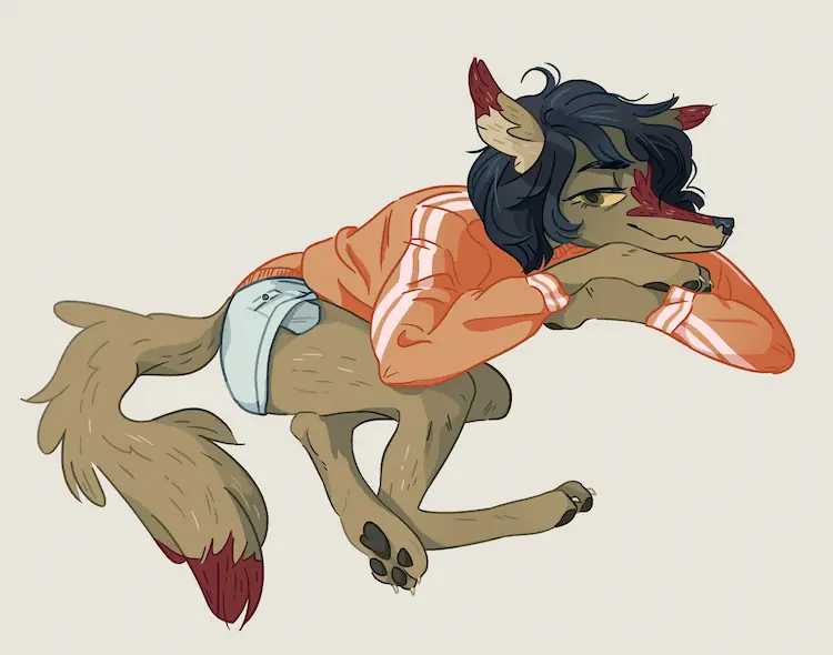 A painting of Sheyote with her head rested on crossed arms. She wears an orange sweatshirt with white lines down the arms, and light denim shorts.