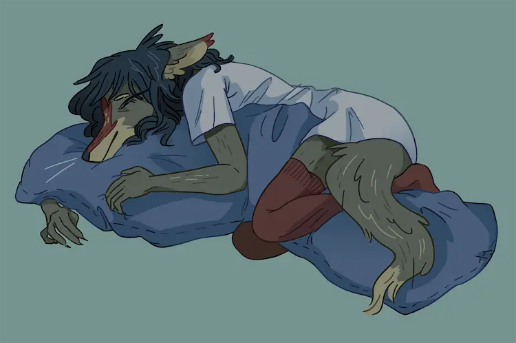 A painting of Sheyote in a long light-grey t-shirt and thigh-high maroon socks. She happily wraps herself around a body pillow.