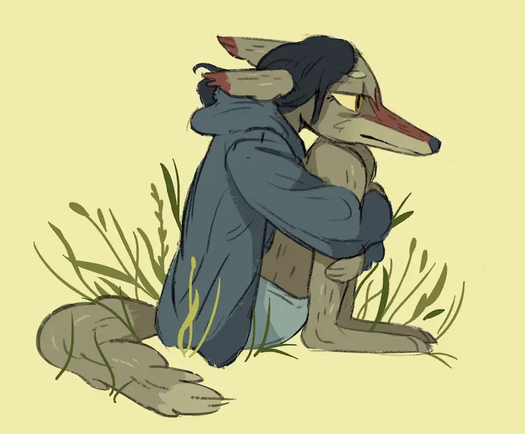 A painting of Sheyote sitting in some grass, sadly hugging her knees to her chest.