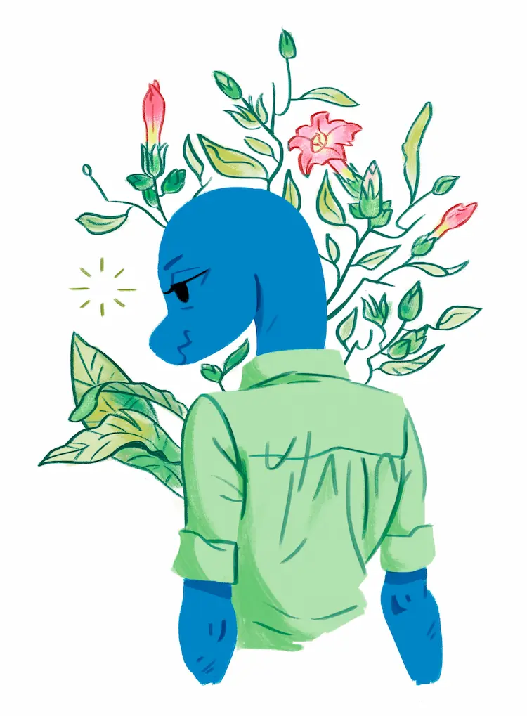 An old painting of Sneyenne in a green shirt. A plant with bright green leaves and yellow-and-pink flowers grows out from behind her. She seems lost in thought.