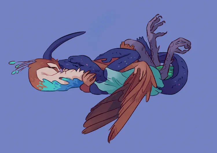 A painting of Sneyenne and Peahen resting on the floor, in an embrace.