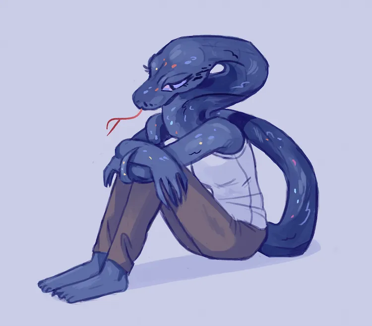 A painting of Sneyenne sitting with a thoughtful look on her face. Her tail swings over her shoulder and snakes its way through her crossed arms.