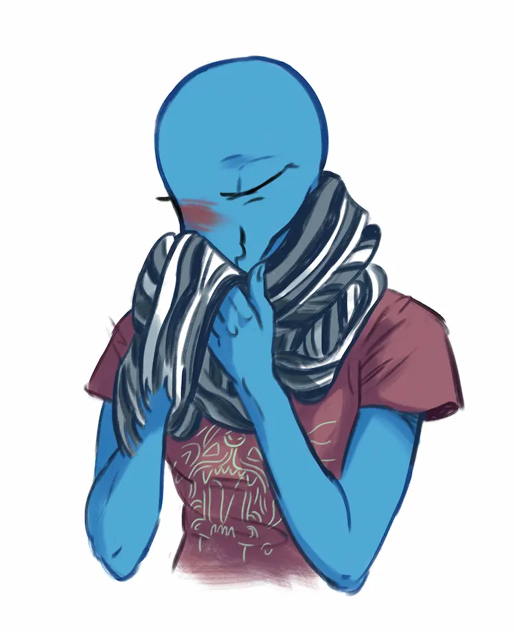 An old painting of Sneyenne blushing while she smells a scarf wrapped around her neck.