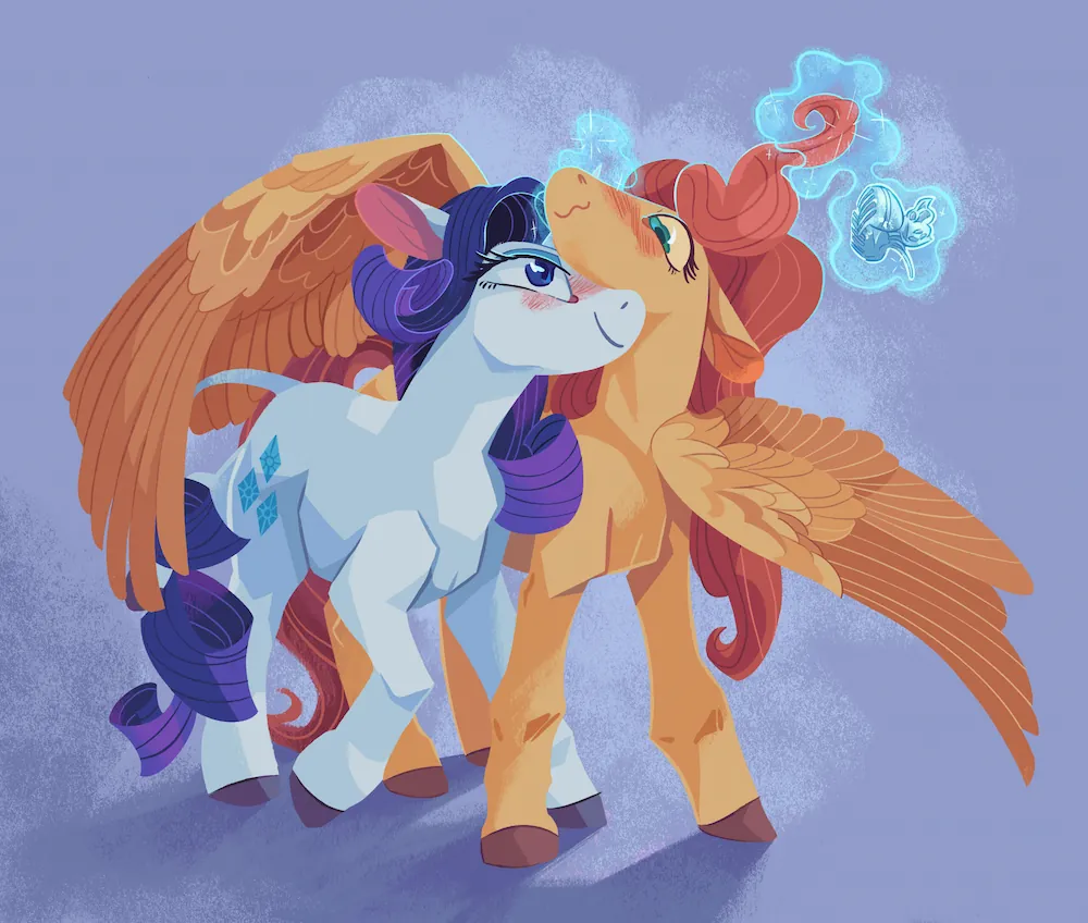 A painting of the characters Rarity and Fluttershy from My Little Pony: Friendship is Magic. Rarity nuzzles up to a blushing Fluttershy, using her magic to levitate a large butterfly hair clip and manipulate Fluttershy's hair.