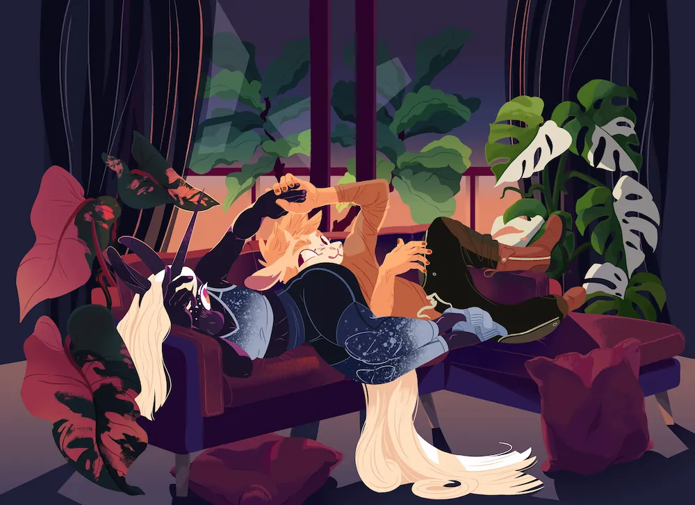 A painting of an anthropomorphic pair; a deep purple unicorn with white hair, and an orange and tan sheep. They recline on a couch, the sheep resting his head on the unicorn. Their apartment is dusk-lit, filled with monstera plants. A fig tree sits outside on the balcony.