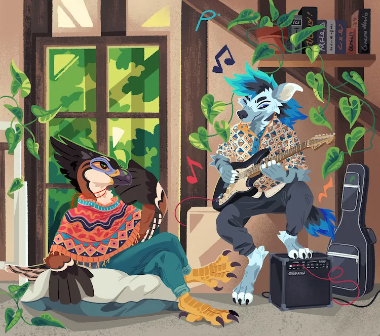 A painting of two anthropomorphic characters in a cosy apartment; an ornate hawk-eagle and a hyena with bright blue hair, who is playing a song on an electric guitar.