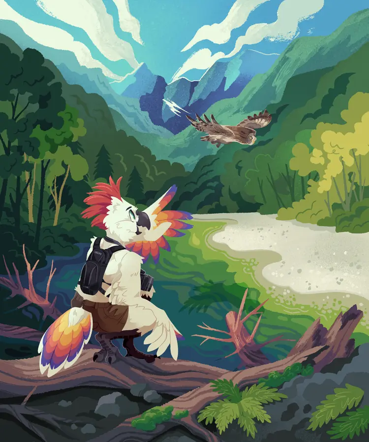 A painting of an anthropomorphic white cockatoo with a red crest and flight feathers with a gradient of colours from yellow to indigo. He is perched on some logs in a mountainous forest, pointing at an owl swooping by.