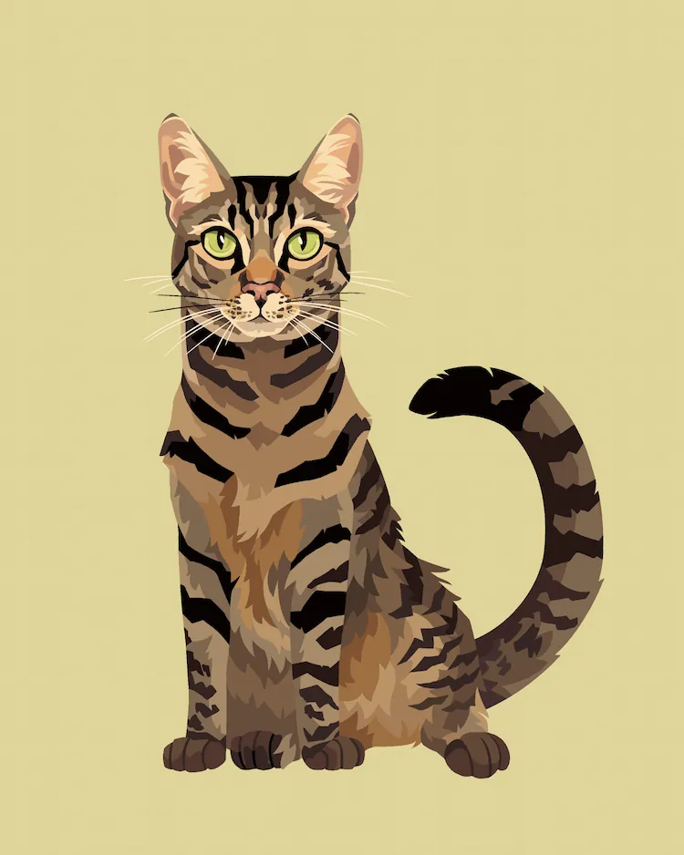 A portrait of a a tabby cat in various shades of brown and sporting black stripes, with piercing green eyes.