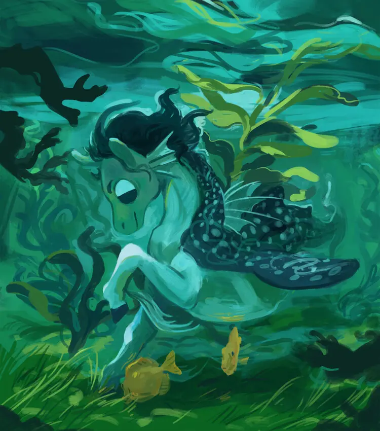 A painting of a creature with the front half of a horse and the back half of a whale shark. Kelp rises up through the water column, and yellow tangs forage around the creature's hooves.