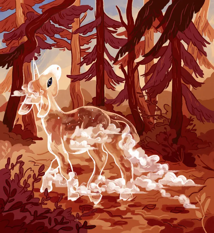 A painting of a ghostly, translucent unicorn looks towards the sky, walking through an orange wood.