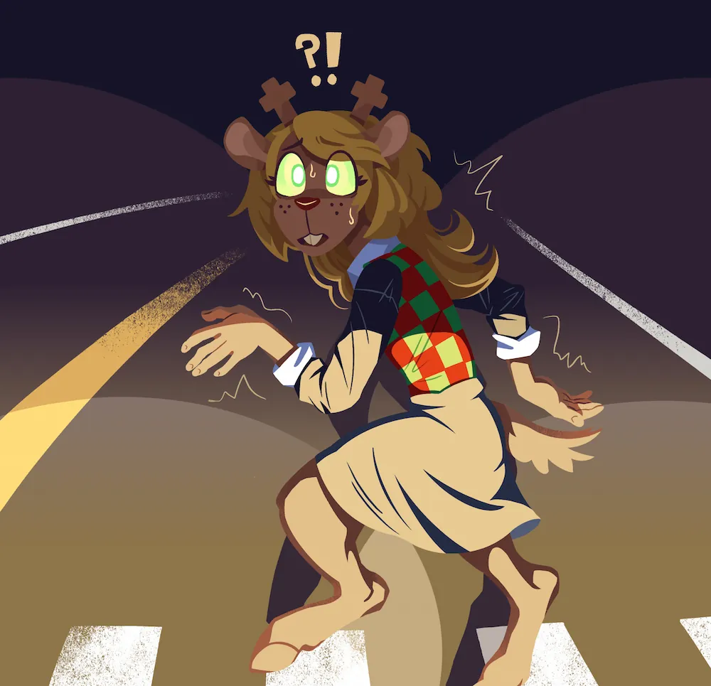 A painting of Noelle Holiday, a humanoid reindeer from the game 'Deltarune'. She is frozen in fear upon being caught in a vehicle's headlights.