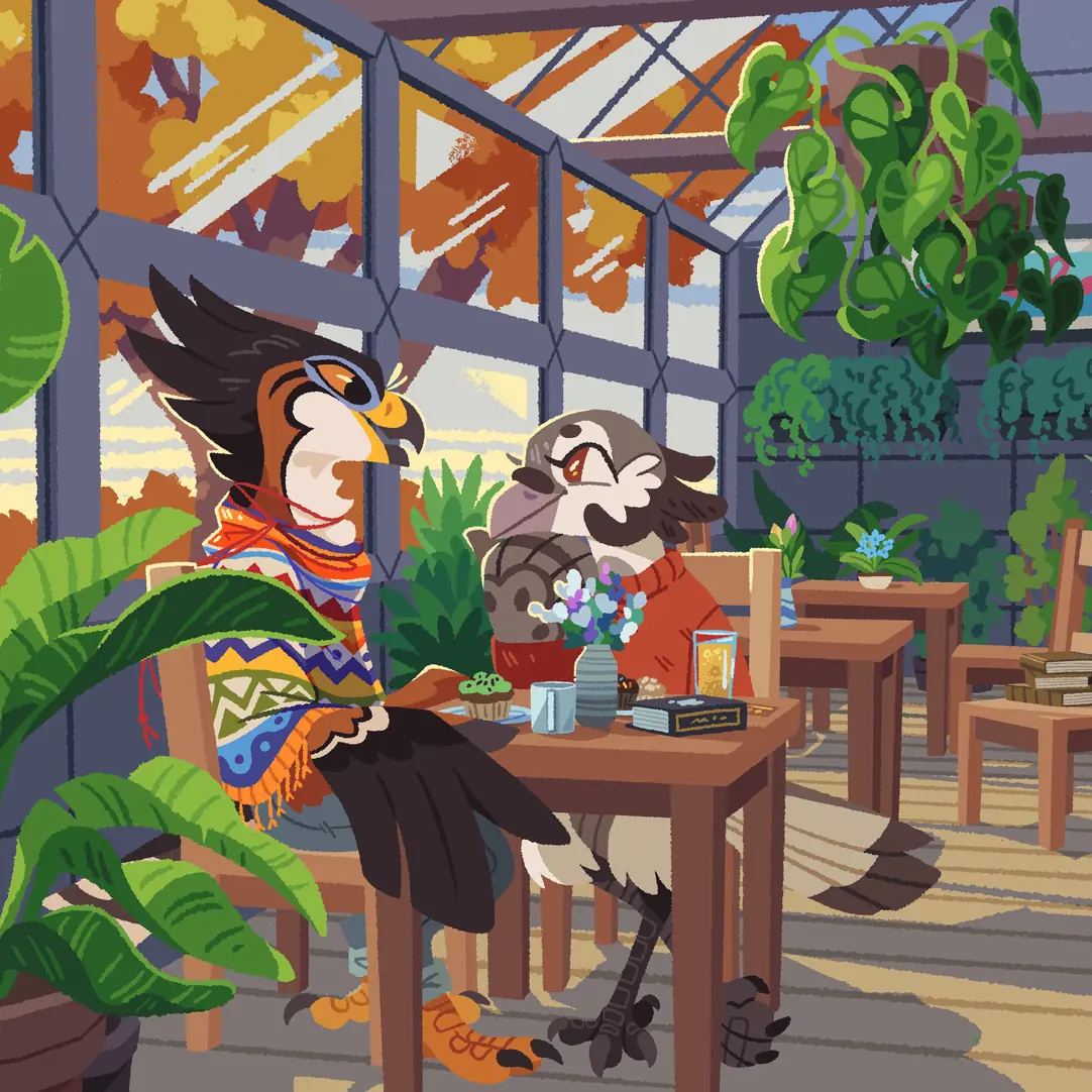 A painting of an anthropomorphic ornate hawk-eagle and bell sparrow sitting with muffins and drinks. Green, indoor plants decorate the cafe, while autumn-coloured foliage is visible through the large windows in the morning light.