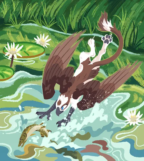 A painting of an osprey-inspired gryphon diving towards a pond, trying to catch a fish.