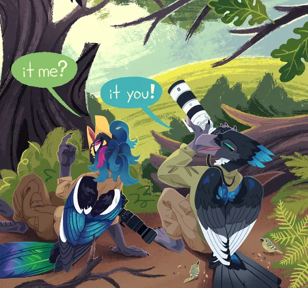 A painting of two anthropomorphic magpie; they are watching a yellow-billed magpie in a tree above. One is watching through a camera with a telephoto lens.