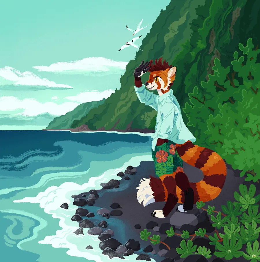 A painting of an anthropomorphic red panda standing on a black rock beach. Steep cliffs line the shore, and two Red-Tailed Tropicbirds play in the background.