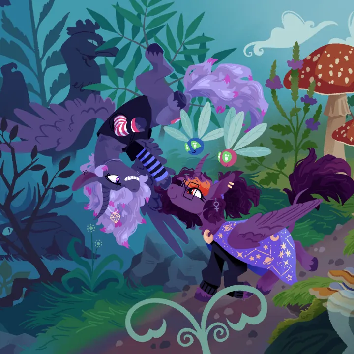 A painting of two alicorns entering Everfree Forest. Various mythical creatures watch them from the shadows. The pair seem unbothered, one playfully tapping the other on the nose.