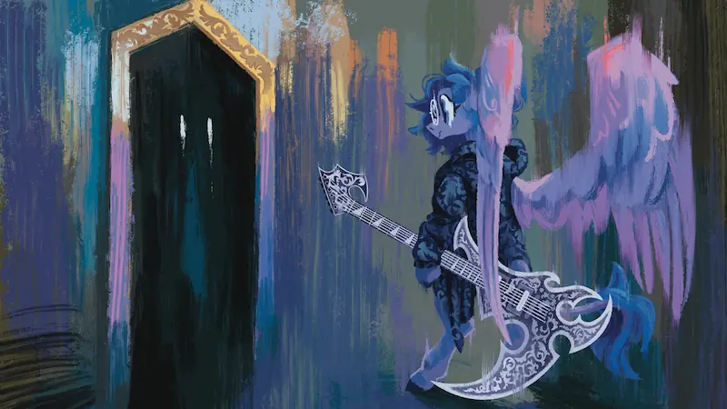 Alternate album art. Vylet stares through a dark doorway, which appears to stare back. She wears an intricately patterned hood and holds a similarly patterned guitar-scythe.