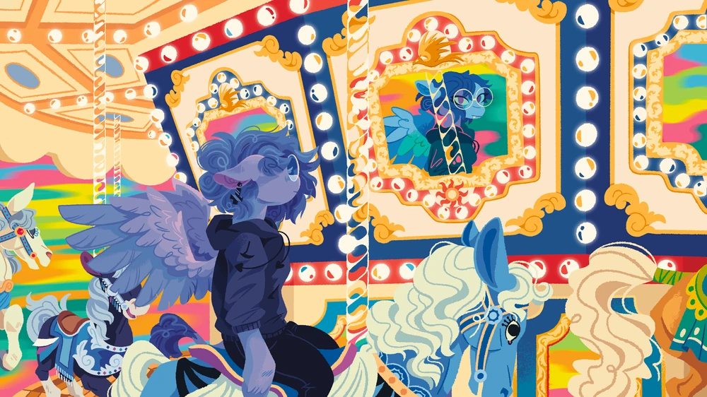 An illustration of Vylet Pony on a dizzyingly colourful carousel, with an apathetic expression. A small sycthe is stitched to her hoodie's shoulder.