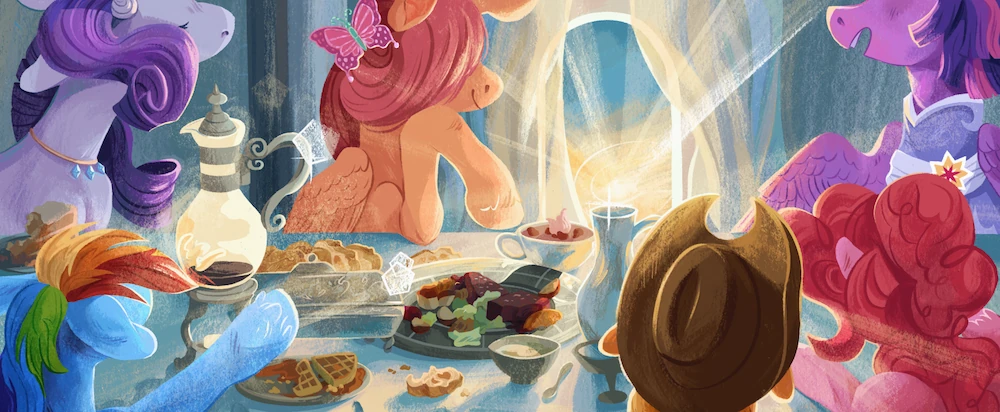 A cropped version of the upper third of the album illustration. The six characters appear cheery, and rays of light shine through the window behind them.