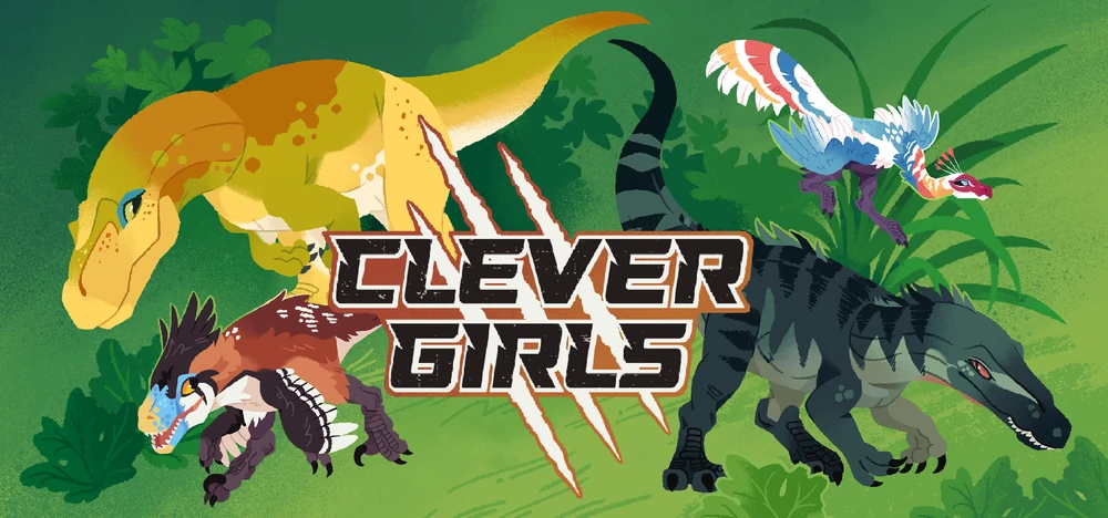 Illustration of the four main dinosaur characters behind the 'Clever Girls' logo.