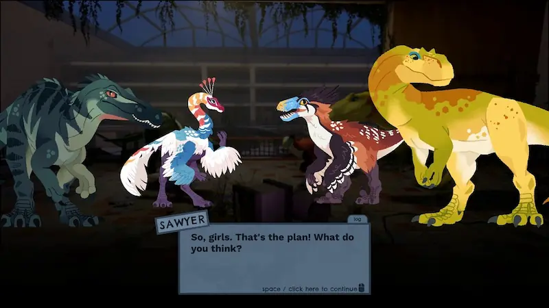 An in-game screenshot: Sawyer the Utahraptor addresses the group.