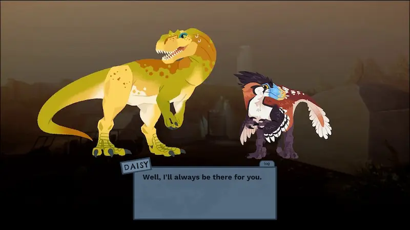 An in-game screenshot: Daisy the Torvosaurus comforts Sawyer.