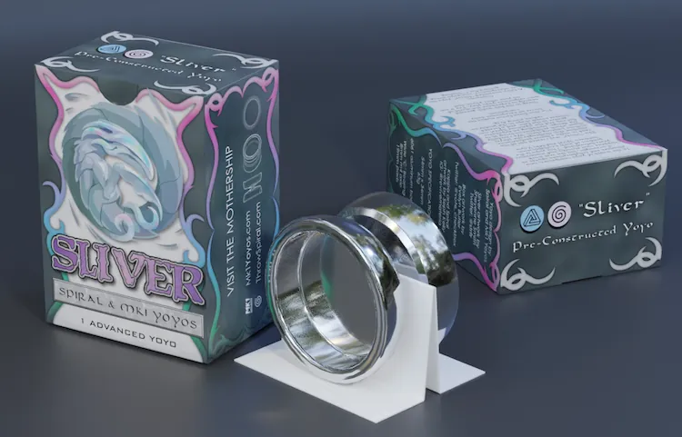 The final product and packaging of the MK1 x Spiral Sliver Yoyo.