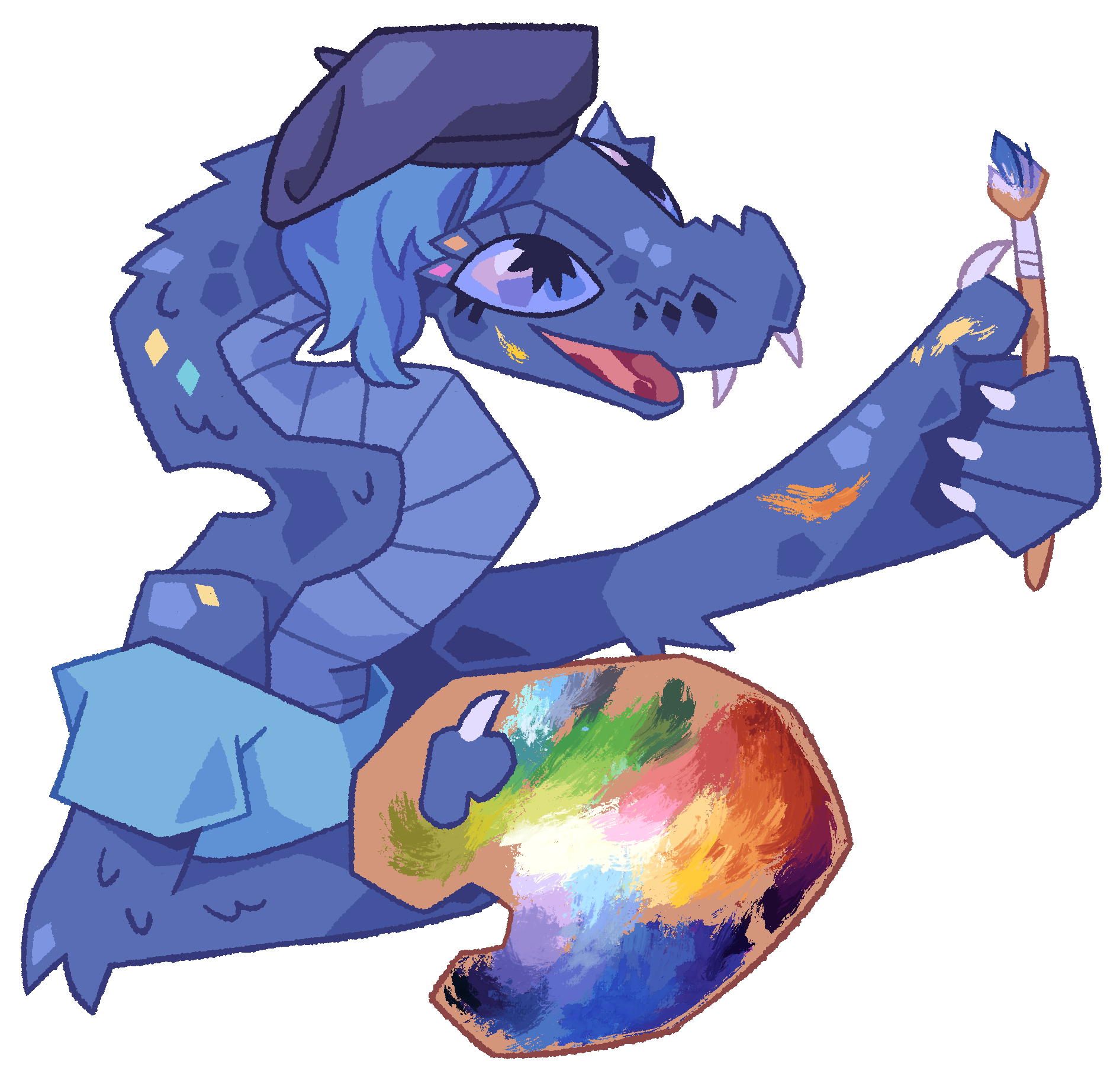 A drawing of Sneyenne wearing a black beret. She is holding a palette smeared with a rainbow of paint colours, holding up a brush in her other hand.