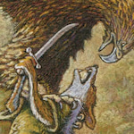 An illustration by David Elliot for the Redwall series. It depicts Argulor, a holden eagle, battling Bane, a fox.