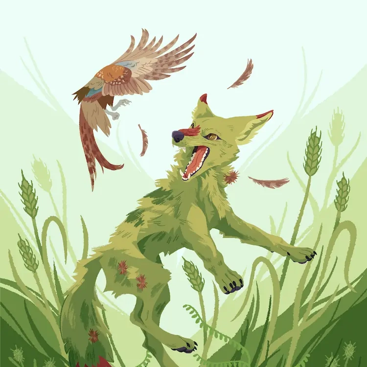 A painting of a coyote jumping up from various grasses, towards a fleeing pheasant.