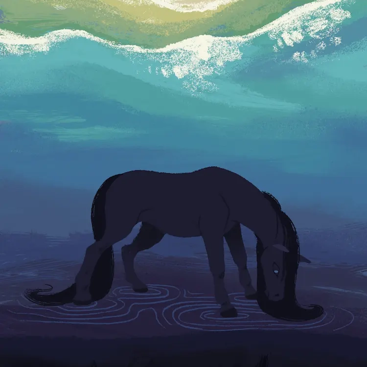 A painting of a dark horse standing out on the ocean's surface, looking into the deep. The shore is littered with an array of shells and trinkets.
