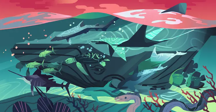 A painting of a humpback whale swimming to the left, surrounded by various sea animals- a sea turtle, a shark, a swordfish, manta rays, dolphins, moray eel, and other schooling fish. The whale casts a large shadow on the sea floor, over sand and corals. Under the water is mainly blue-green with hints of pink and purple, and above the water the inverse.