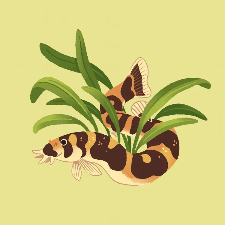 An illustration of a kuhli loach weaving its way through a clump of dwarf sagittaria.