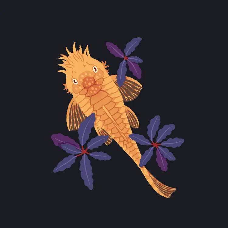 A painting of an albino bristlenose pleco, from an overhead view. It's surrounded and partially covered by small, blue-purple bucephalandra plants.