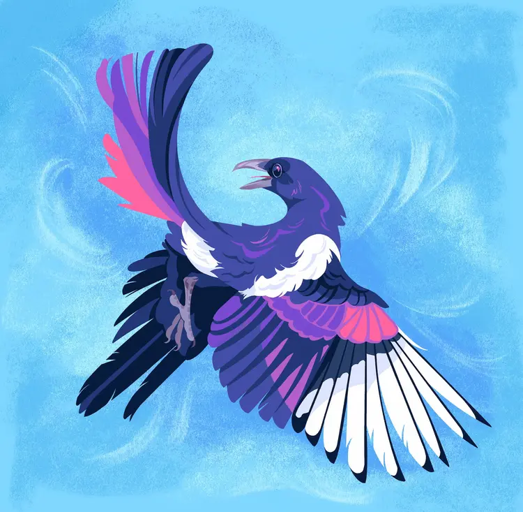 A painting of a flying magpie, rendered in the palette of the bisexual pride flag.