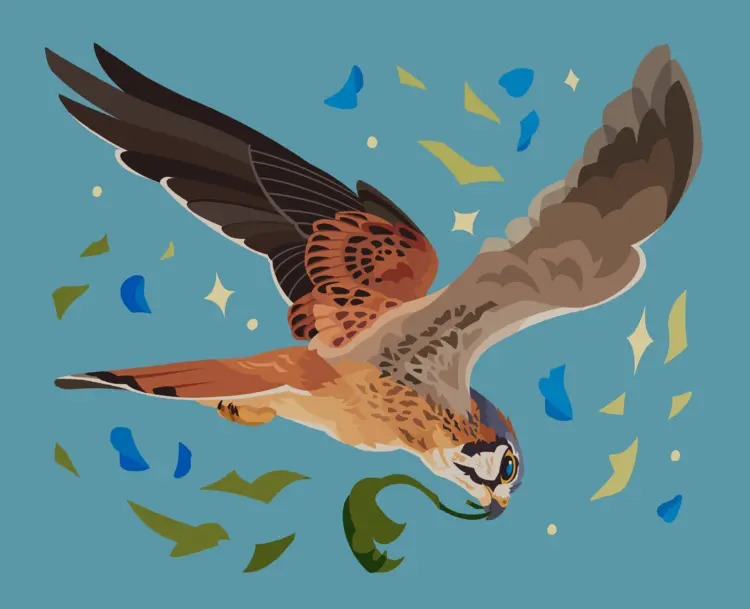 A painting of a flying American kestrel, holding a leaf in its beak. There are pieces of leaves, blue petals, and sparkles around it.