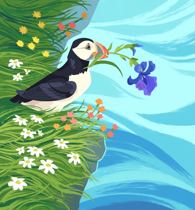 A painting of a puffin on the edge of a grassy, flowery cliff, holding an iris in its beak.