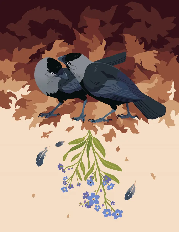 A painting of two jackdaws closely inspecting each other. The upper half of the painting has dead autumn leaves, and a forget-me-not flower sprouts downwards, upside-down.