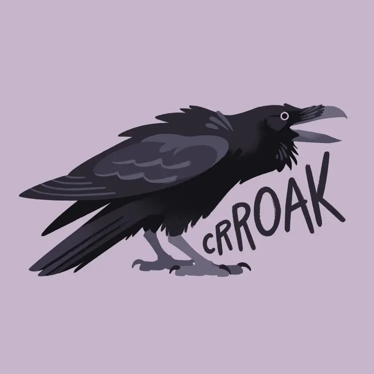 A painting of a raven, head lowered and throat feathers raised, making a 