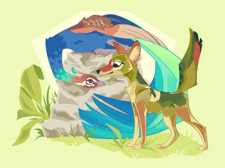 A painting of Sheyote and Peahen smiling and looking at each other. Peahen is perched up on a rock, her neck bending down to meet the coyote's.