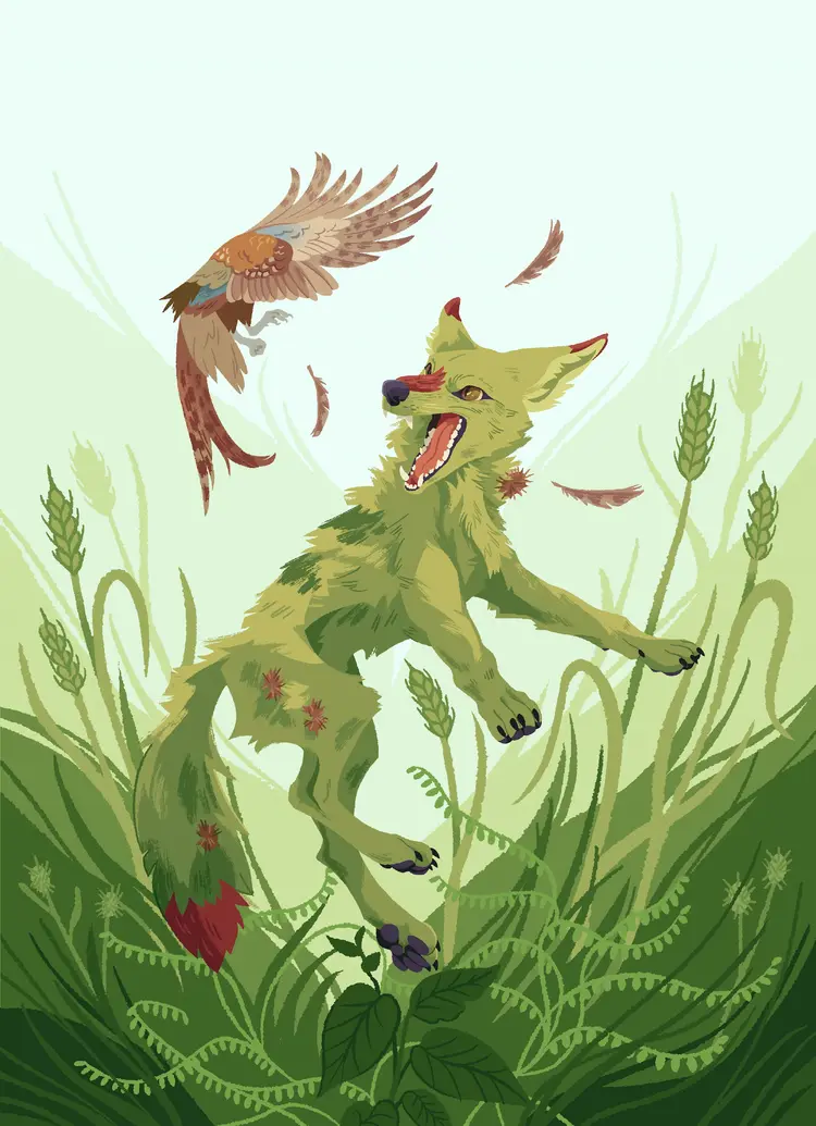 A painting of a coyote jumping up from various grasses, towards a fleeing pheasant.
