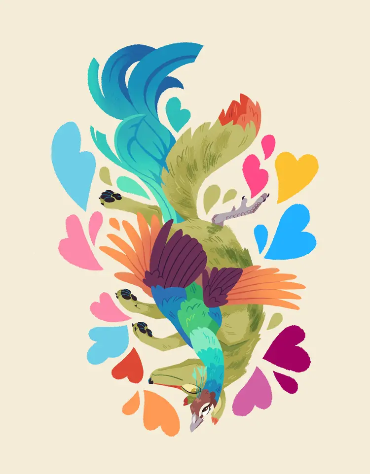 A painting of a coyote and a Peahen falling together. They are giving each other loving looks, surrounded by hearts of various pride flag colours.