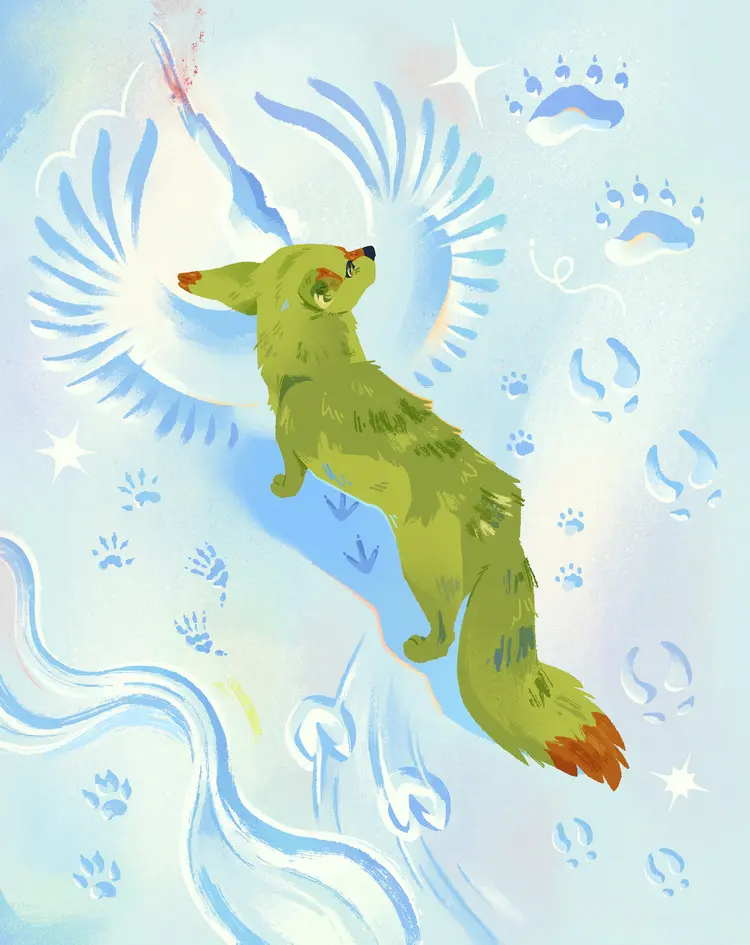 A painting of a coyote standing in the snow, with tracks from various animals surrounding them.