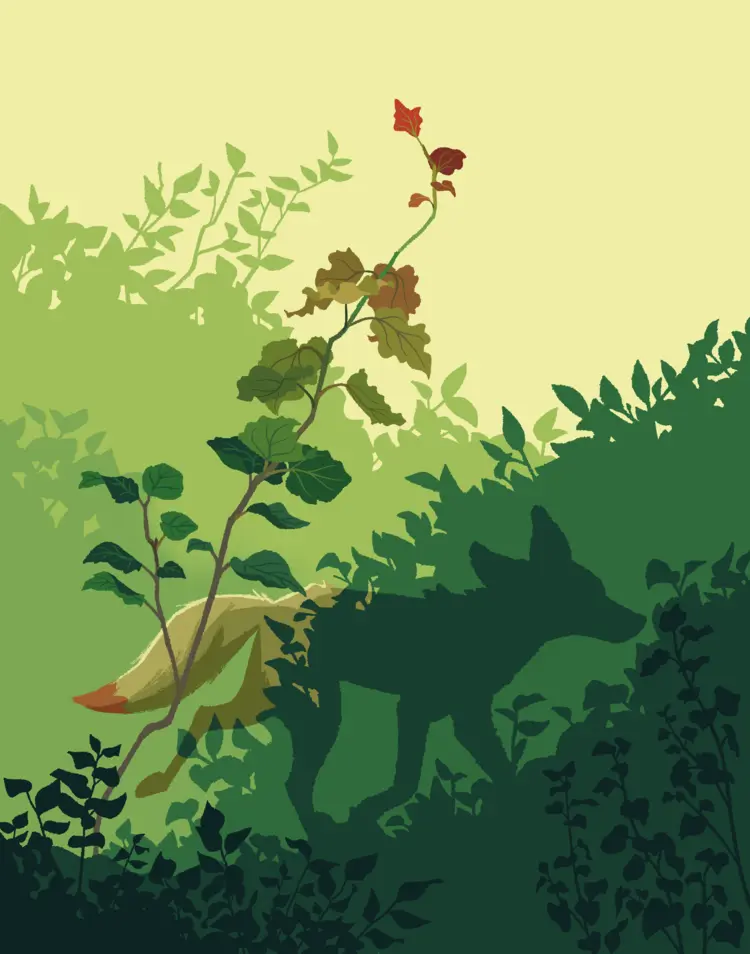 A painting of a coyote trotting behind and amongst bushes, gradiating light to dark from top to bottom. A young woody plant sprouts up to the sky, leaves fasing from dark green to bright red from bottom to top.
