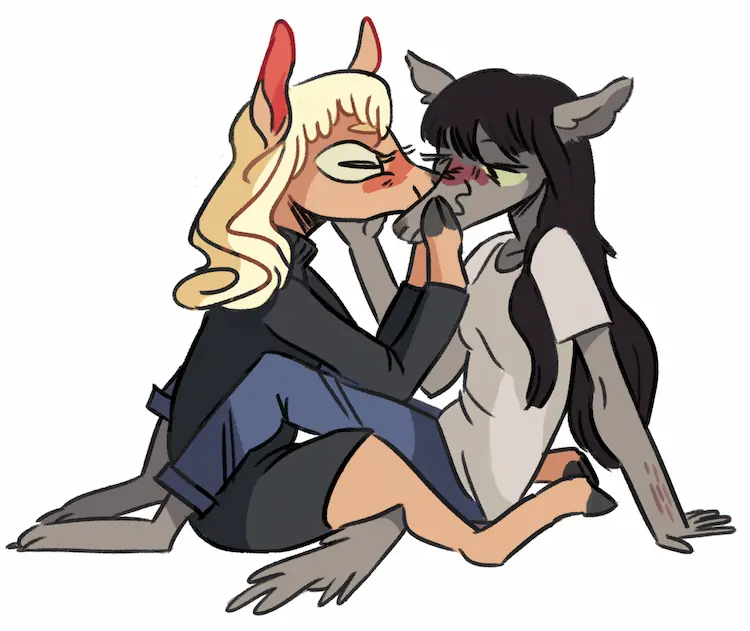 A painting of the two sitting on the ground, face to face and legs overlapping. Basha holds Jessie's face to smooch, and both are blushing.