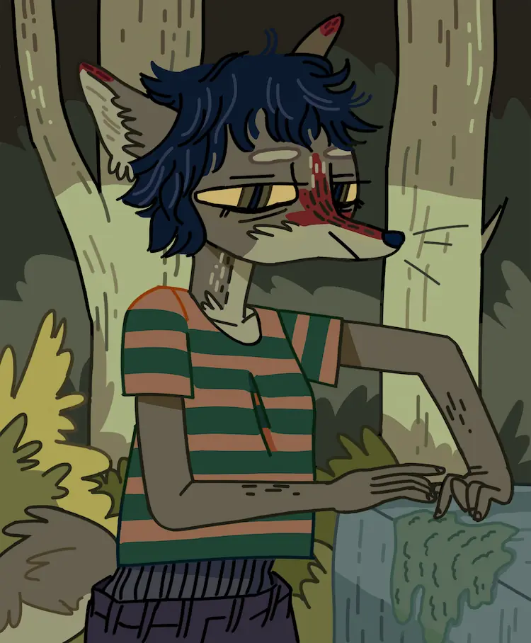 A painting of a tired looking Sheyote in a dark wood. She's wearing an orange and dark-green striped shirt, and her hands are rested on a slab of moss-covered concrete.