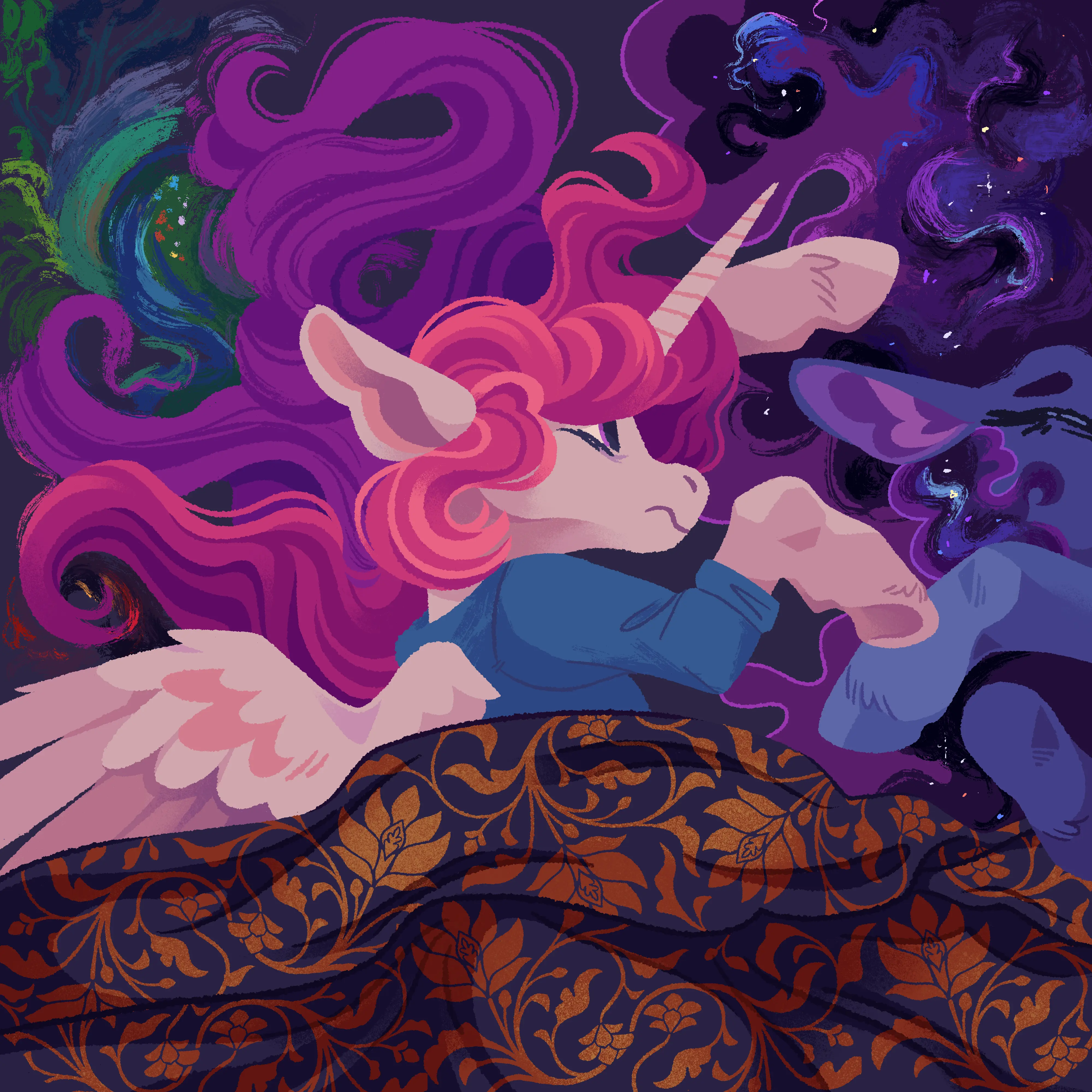 A painting of a young Celestia sleeping next to Luna, watching her sister in restless sleep. Celestia's hair fades into a natural scene, and Luna's into cosmic swirls and stars. They're under a dark blue comforter with an intricate golden plant pattern.
