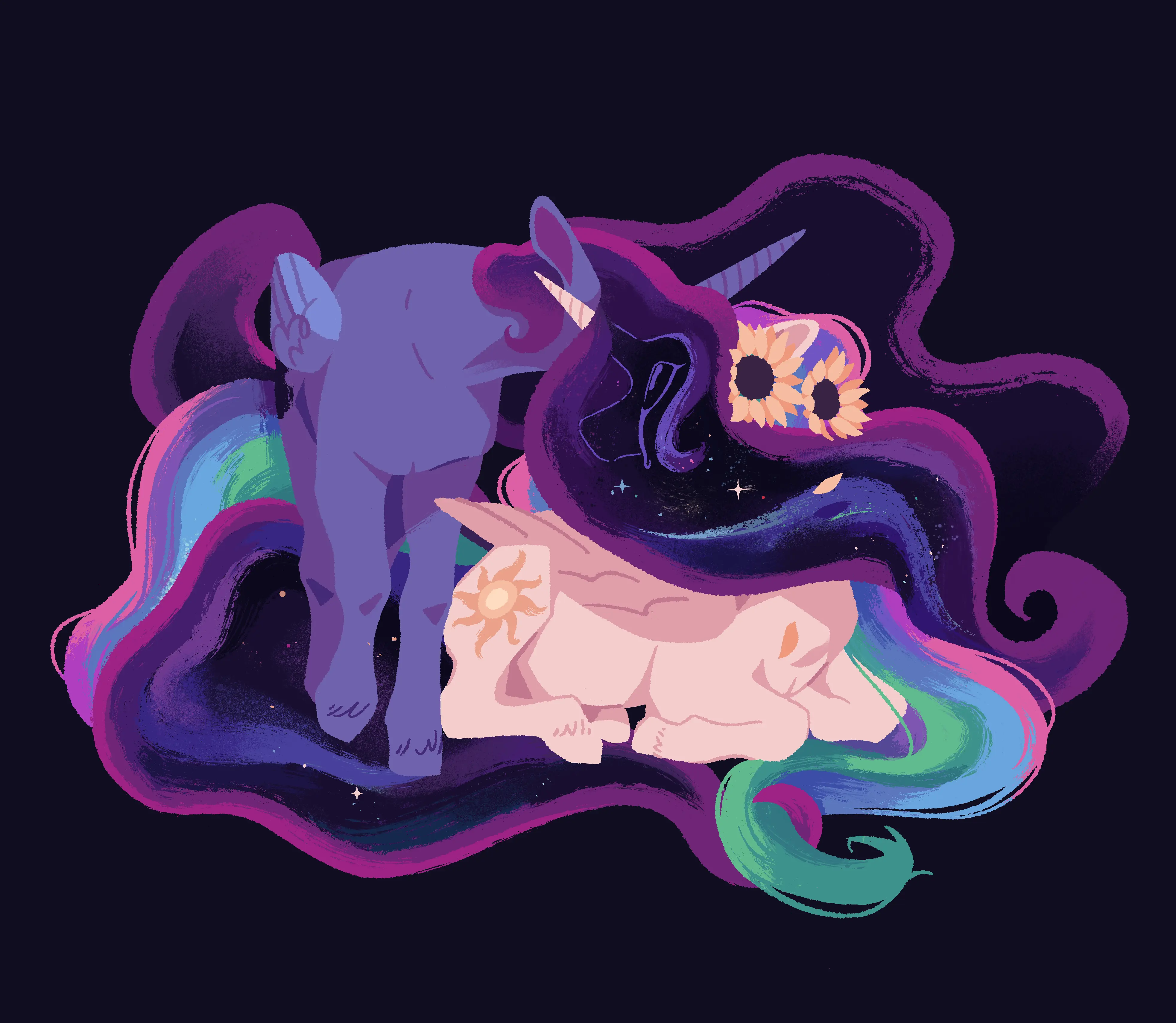 A painting of Celestia and Luna from My Little Pony: Friendship is Magic. Celestia sits on the ground, looking up at her sister. She has two sunflowers heads in her hair, and tears stream down her face. Her face is partially obscured by Luna's galaxy-like mane. Luna is standing, looking down over her sister.